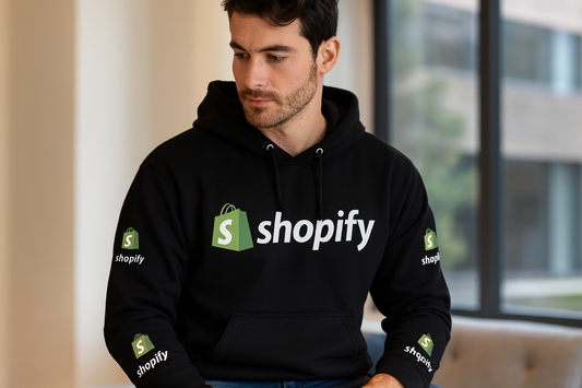 Hombre usando hoodie Shopify oficial negro