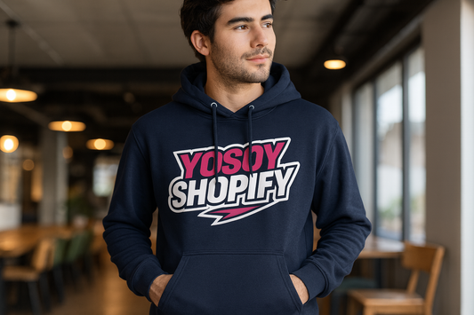Hombre usando hoodie YOSOYSHOPIFY 2024 azul marino