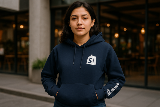 Mujer con hoodie azul marino