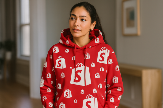 Mujer usando hoodie Shopify all-over rojo