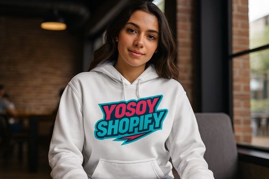 Woman wearing white YOSOY SHOPIFY hoodie
