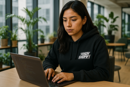 Desarrolladora con hoodie YOSOY SHOPIFY B&N