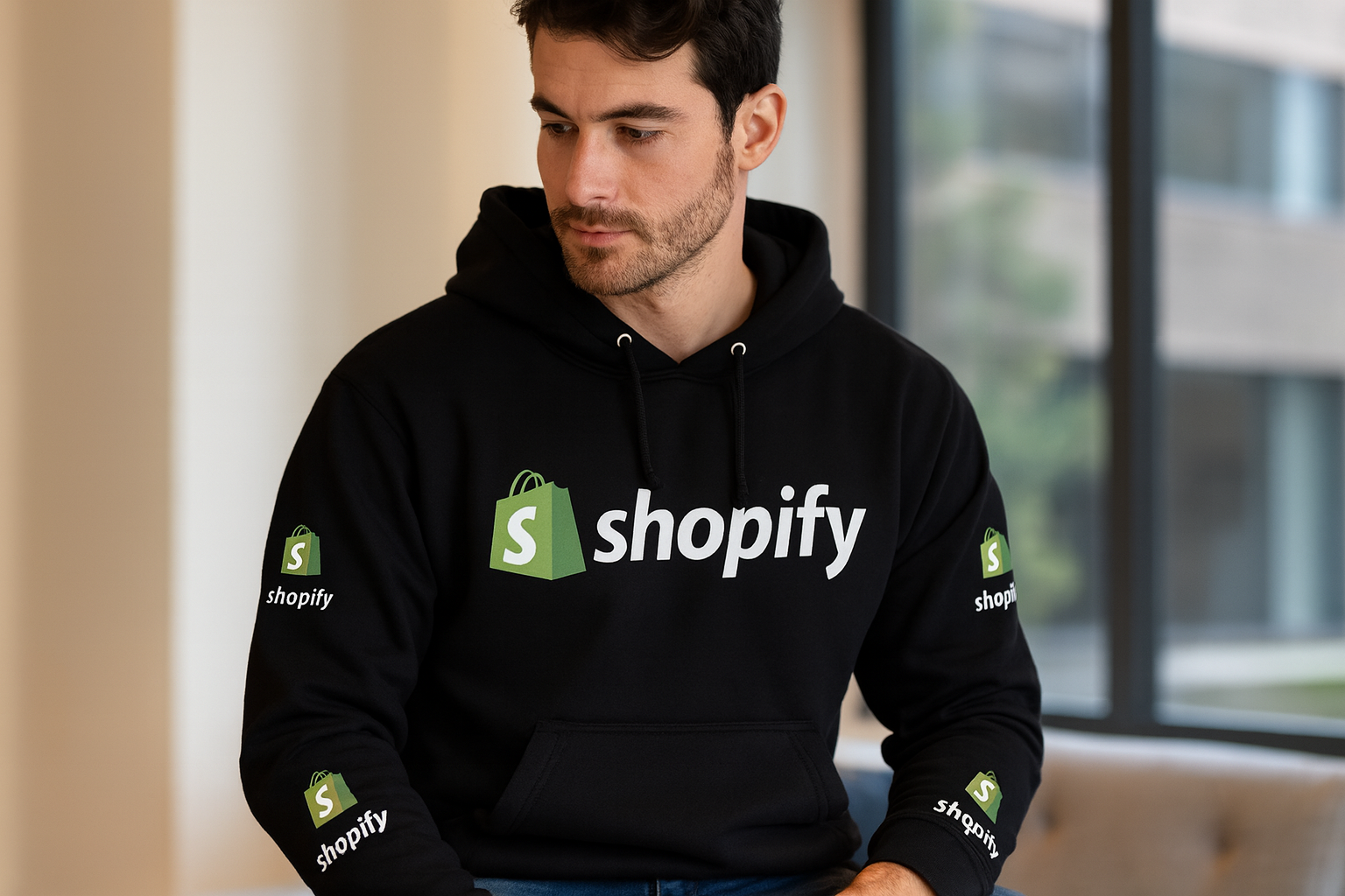 Hombre usando hoodie Shopify oficial negro