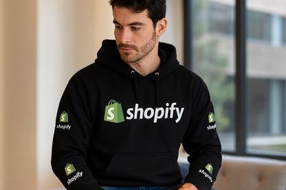 Hombre usando hoodie Shopify oficial negro