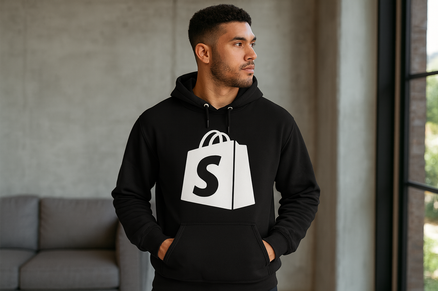 Hombre usando hoodie YOSOYSHOPIFY Edición Especial negra