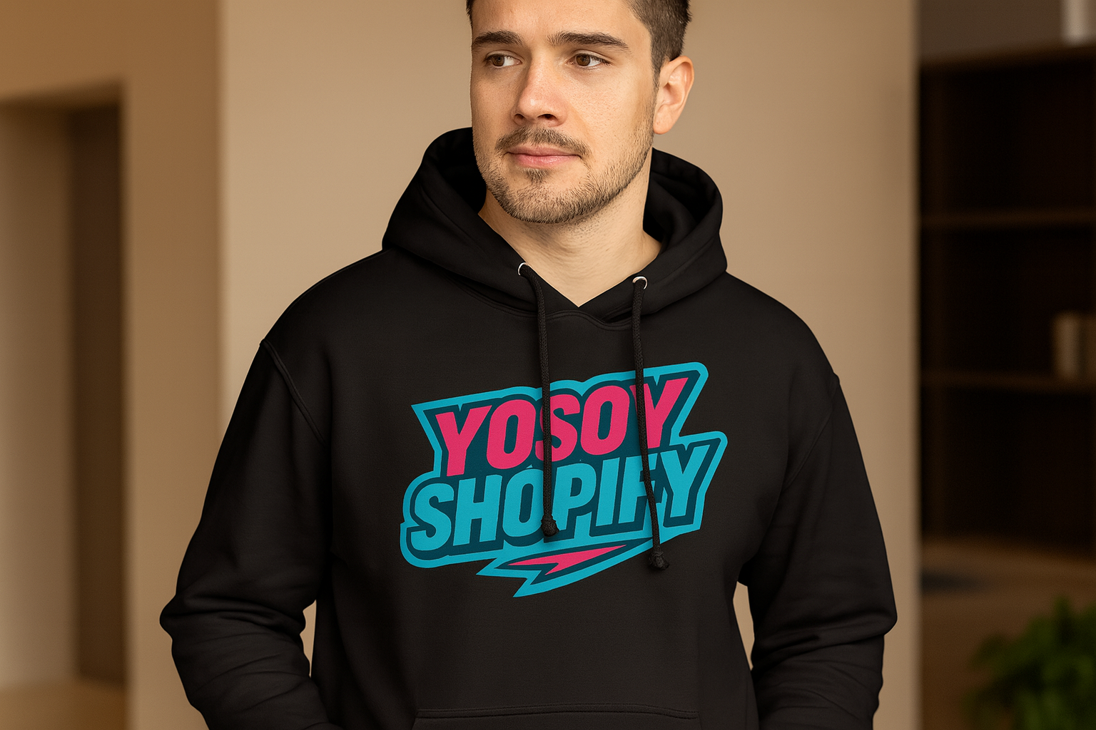 Man wearing black YOSOY SHOPIFY hoodie