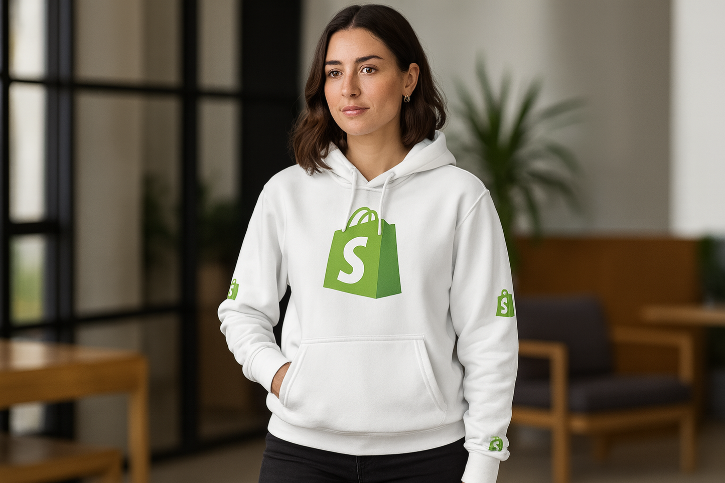 Mujer usando hoodie Shopify oficial blanco