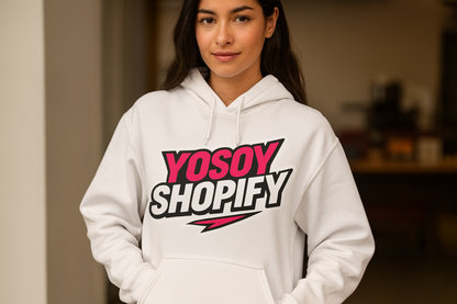 Mujer usando hoodie YOSOYSHOPIFY 2024 blanco