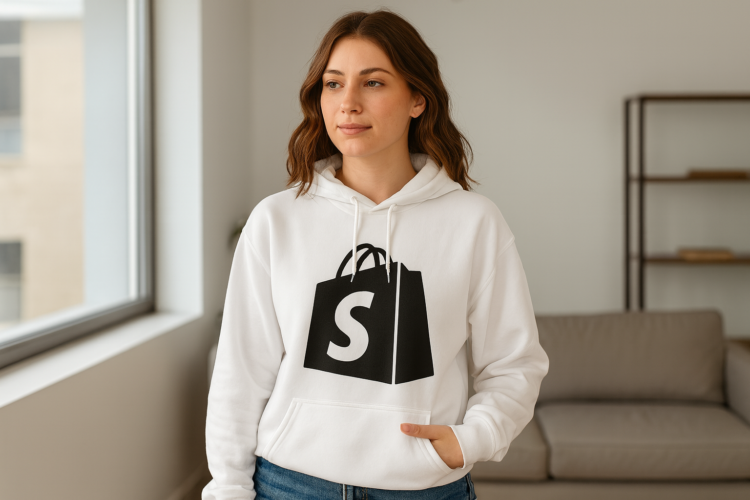 Mujer usando hoodie YOSOYSHOPIFY Edición Especial blanca