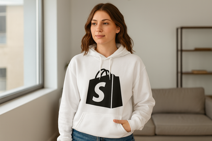 Mujer usando hoodie YOSOYSHOPIFY Edición Especial blanca