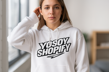 Mujer usando hoodie YOSOYSHOPIFY Monocromático blanco