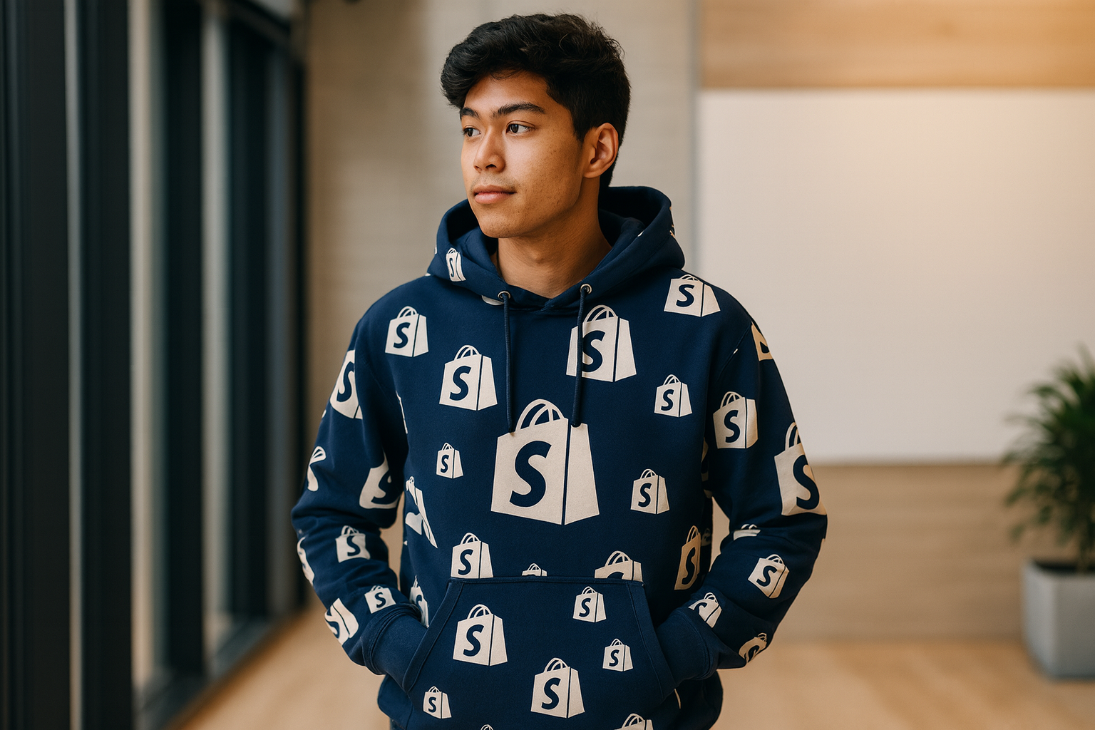 Persona usando hoodie Shopify all-over azul marino