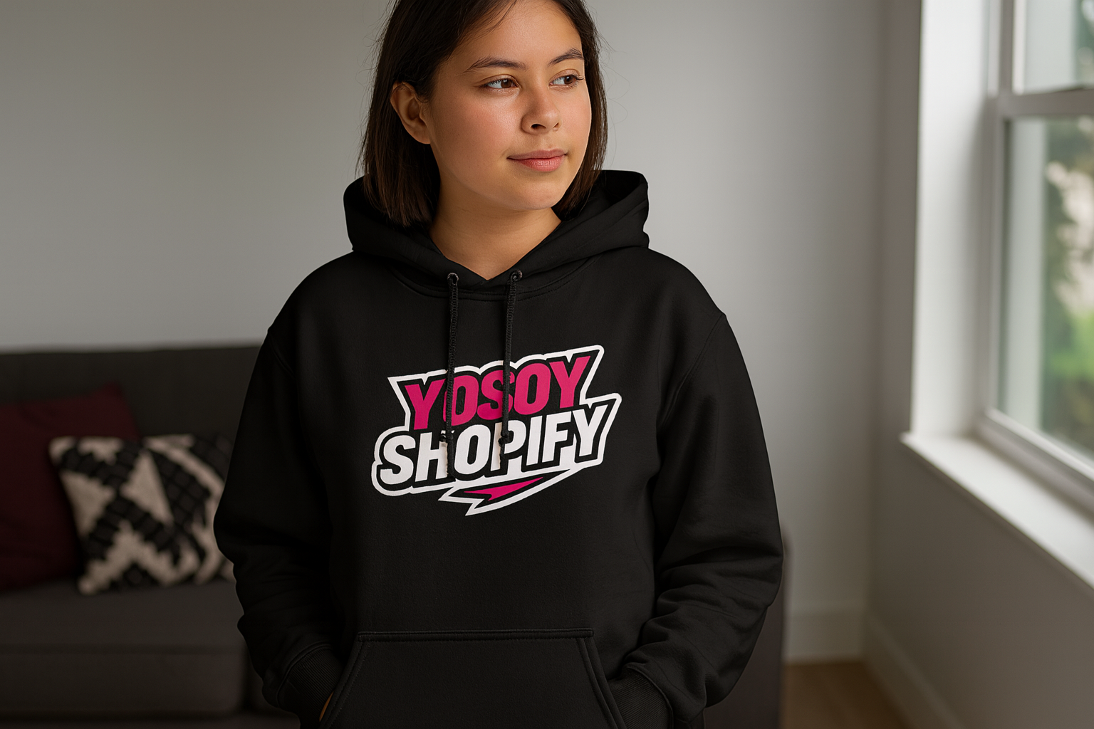 Persona usando hoodie YOSOYSHOPIFY 2024 negro