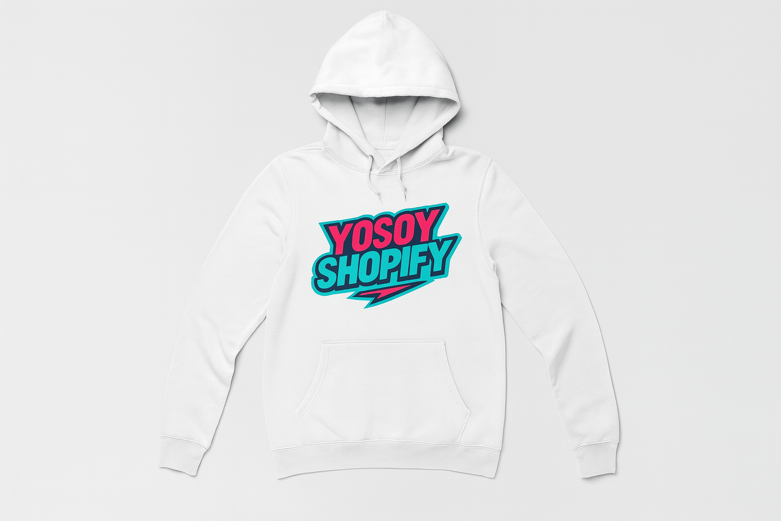 White hoodie mockup with YOSOY SHOPIFY logo