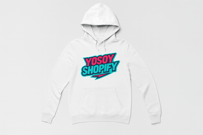 White hoodie mockup with YOSOY SHOPIFY logo