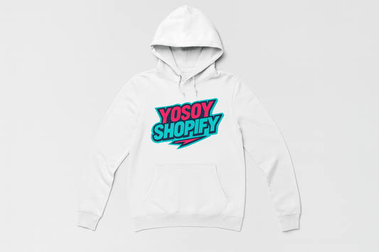 White hoodie mockup with YOSOY SHOPIFY logo